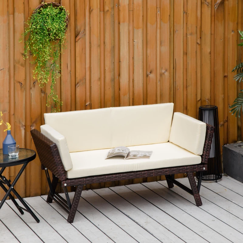 Outsunny Convertible Rattan Sofa Bed Chaise Lounge Wicker Loveseat Armchair Double Seat with Cushion All Weather Patio Furniture Brown