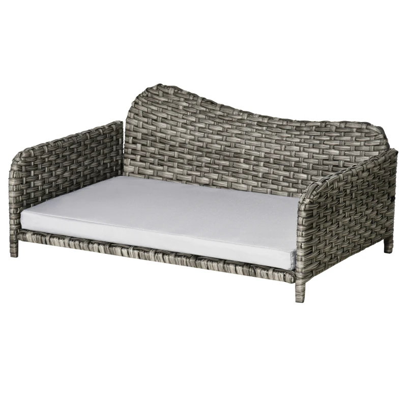 PawHut Rattan Pet Sofa for Large & Medium Dogs, Indoor & Outdoor Raised Wicker Dog Bed, Cat Couch, with Soft Washable Cushion, Light grey