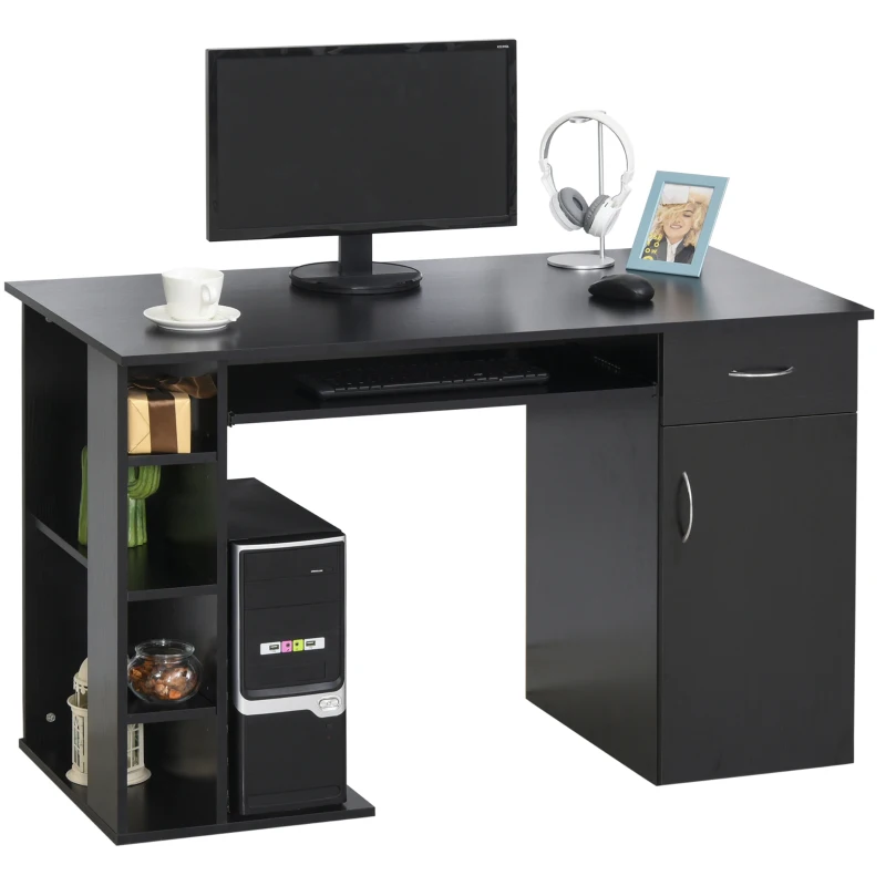 HOMCOM 47.25" Computer Desk with Keyboard Tray, CPU Stand, Writing Desk with Drawer and Storage Shelves, Black