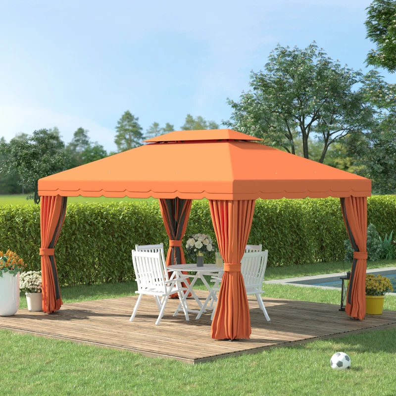 Outsunny 10 x 13ft Aluminum Frame Gazebo Canopy Double Tier Garden Shelter with Netting and Curtains, Orange