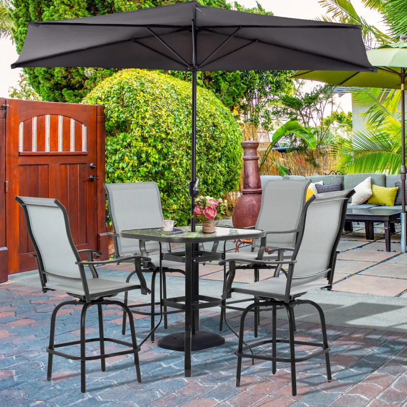 Outsunny 5 Pieces Patio Furniture Set, Outdoor Garden Conversation Set with Tempered Glass Table, 4 Swivel Chairs and Umbrella Hole, Grey