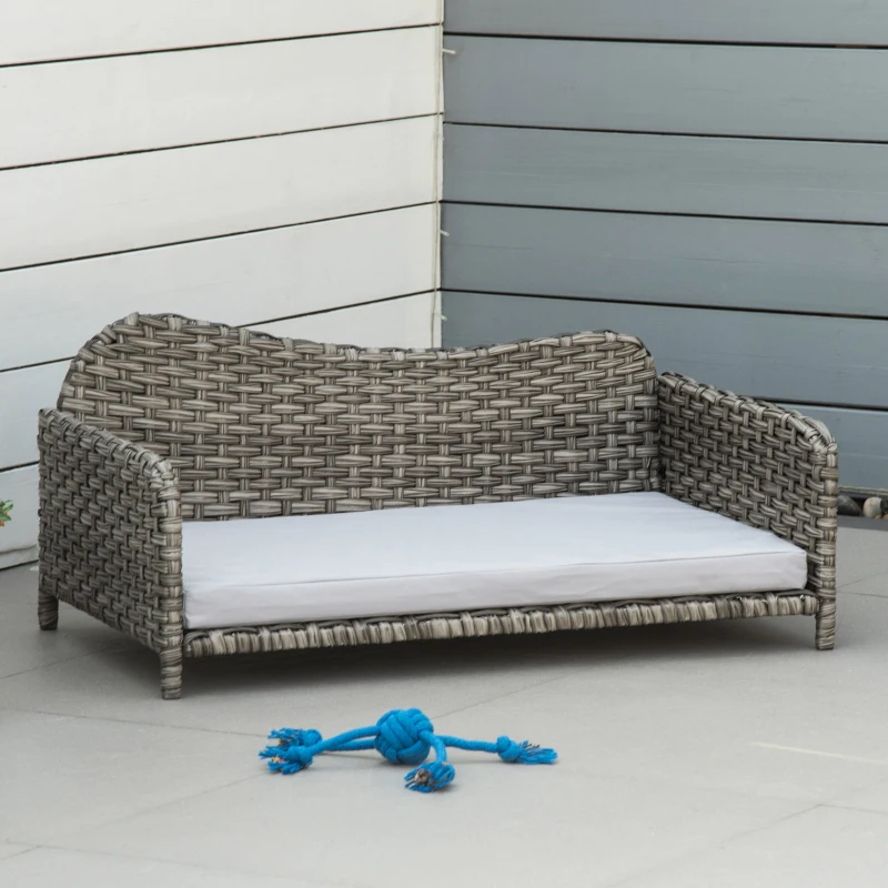 PawHut Rattan Pet Sofa for Large & Medium Dogs, Indoor & Outdoor Raised Wicker Dog Bed, Cat Couch, with Soft Washable Cushion, Light grey
