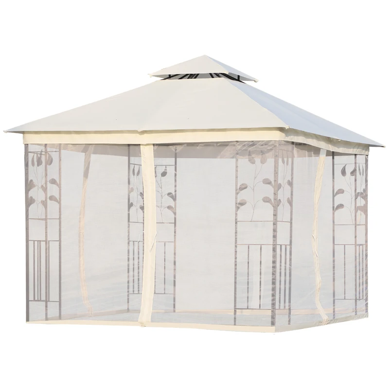 Outsunny 10'x10' Soft-top Steel Patio Gazebo Outdoor Sun Shelter with 2-Tier Polyester Roof, Curtain Sidewalls, White