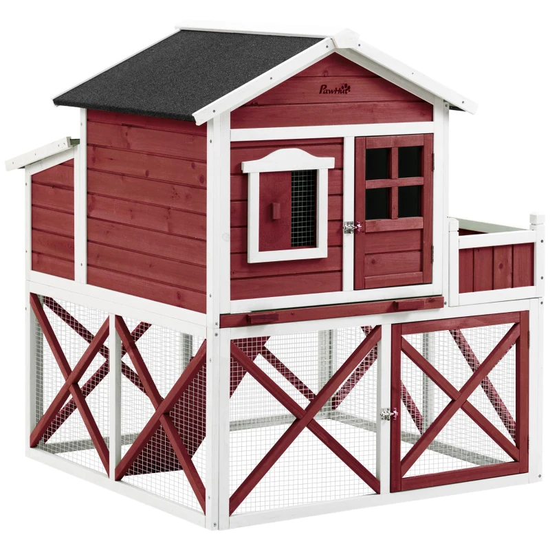 PawHut 44" Chicken Coop, Wooden Hen Run House, Rabbit Hutch with Nesting Box, Removable Tray, Asphalt Roof, Planting Lattice, Red