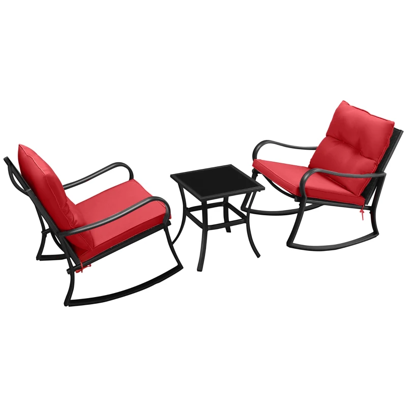 Outsunny 3 Pieces Patio Wicker Rocking Chairs Table Set, Outdoor PE Rattan Furniture with 2 Rockers & 1 Coffee Table w/ Padded Cushions for Deck, Backyard, Garden, Red