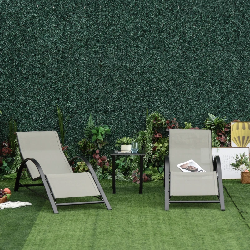 Outsunny 3 Pieces Patio Pool Lounge Chairs Set, Outdoor Chaise lounge with 2 S-Shaped Sunbathing Chairs and a Glass Top Table, for Yard Garden, Grey