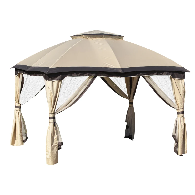 Outsunny 12' x 10' 2-Tier Outdoor Gazebo Canopy Tent for Patio with Zippered Mesh Sidewalls, Solid Steel Frame, Arched Roof, Beige