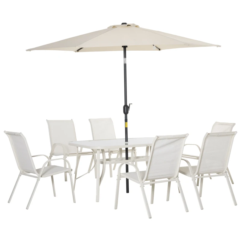 Outsunny 8 Pieces Patio Dining Set with Umbrella, 6 Chairs and Table, Cream White