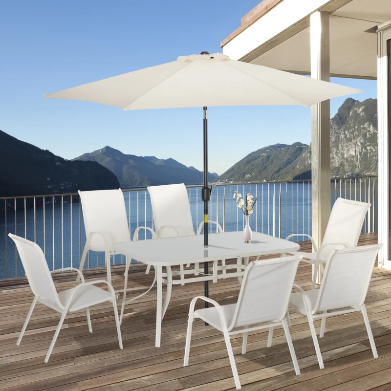 Outsunny 8 Pieces Patio Dining Set with Umbrella, 6 Chairs and Table, Cream White