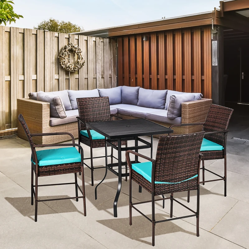 Outsunny 5-Piece Wicker Bar Set, Patio Bar Table Chair with Parasol Hole for Poolside, 31.5"x31.5"x39.8", Brown