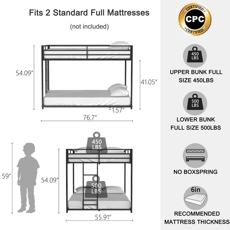 Full Over Full Metal Bunk Bed Frame with Guardrails, Easy Assembly, Noise-Free Design, and Exchangeable Ladder, 76.69" L x 55.91" W x 54.09" H, Black