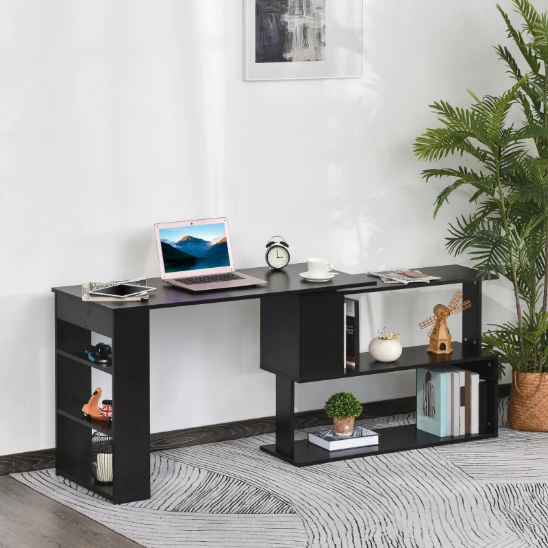 HOMCOM L Shaped Desk, 360° Rotating Corner Desk, Computer Writing Table Workstation with Storage Shelf for Home Office, Black