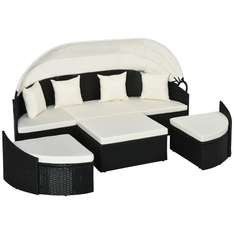 Outsunny 4 Pieces Patio PE Wicker Round Daybed, Outdoor Rattan Garden Lounge Furniture Sets, Cream