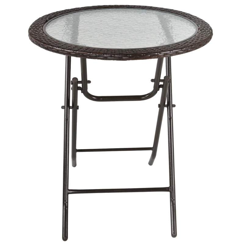Outsunny 26.8" Dia. (68 Dia. cm) Folding Round Tempered Glass Metal Table with Brown Rattan Edging, Brown