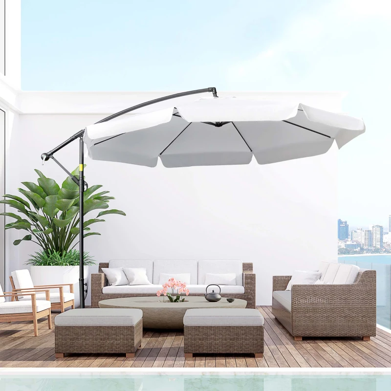 Outsunny 11FT Offset Hanging Patio Umbrella Cantilever Umbrella with Easy Tilt Adjustment, Cross Base and 8 Ribs for Backyard, Poolside, Lawn and Garden, White
