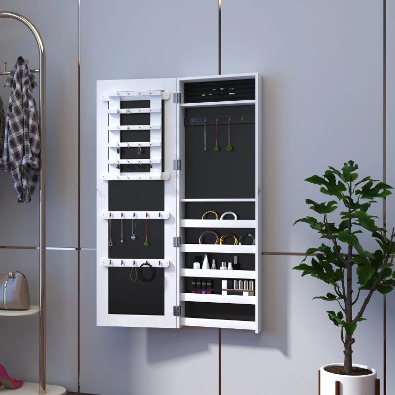 HOMCOM White Mirrored Jewellery Cabinet Hanging Wall Mount Real Glass Mirror Locked, White