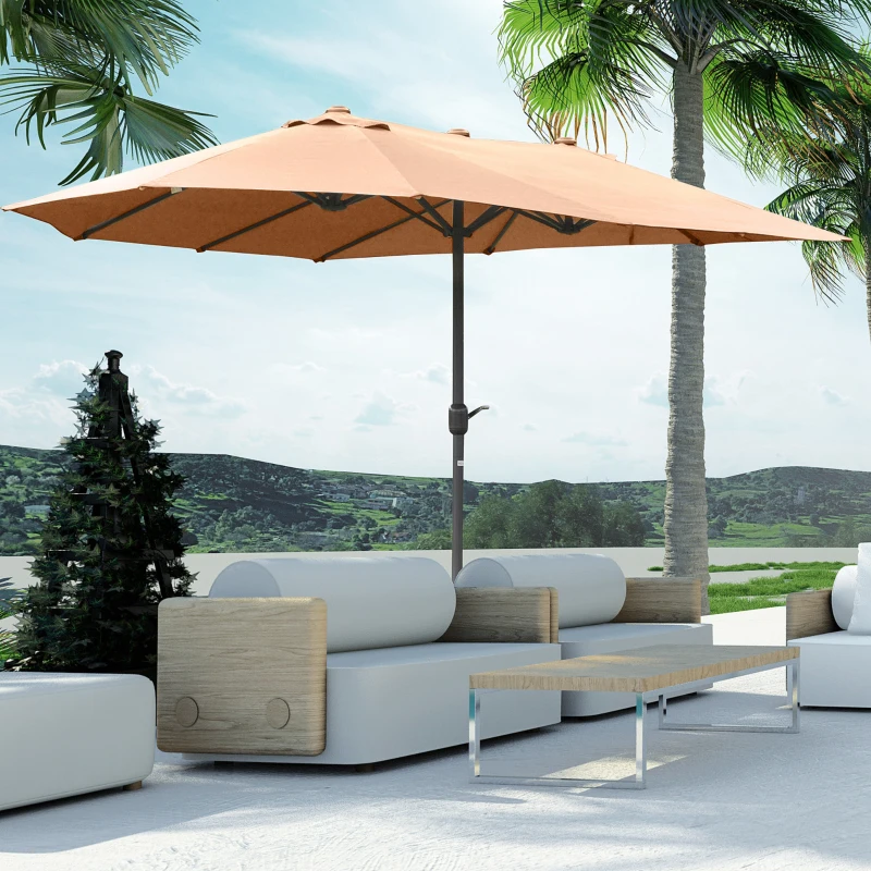 Outsunny Patio Umbrella 15' Steel Rectangular Outdoor Double Sided Market with base, UV Sun Protection & Easy Crank for Deck Pool Patio, Coffee