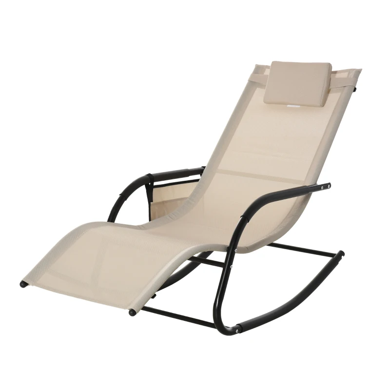 Outsunny Patio Rocking Chair with Mesh Fabric, Outdoor Rocking Sling Sun Lounger with Removable Headrest and Side Pocket for Garden, Deck, Lawn, Cream White