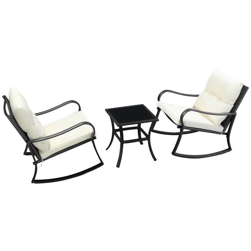 Outsunny 3 Pieces Patio Wicker Rocking Chairs Table Set, Outdoor PE Rattan Furniture with 2 Rockers & 1 Coffee Table w/ Padded Cushions for Deck, Backyard, Garden, Cream White