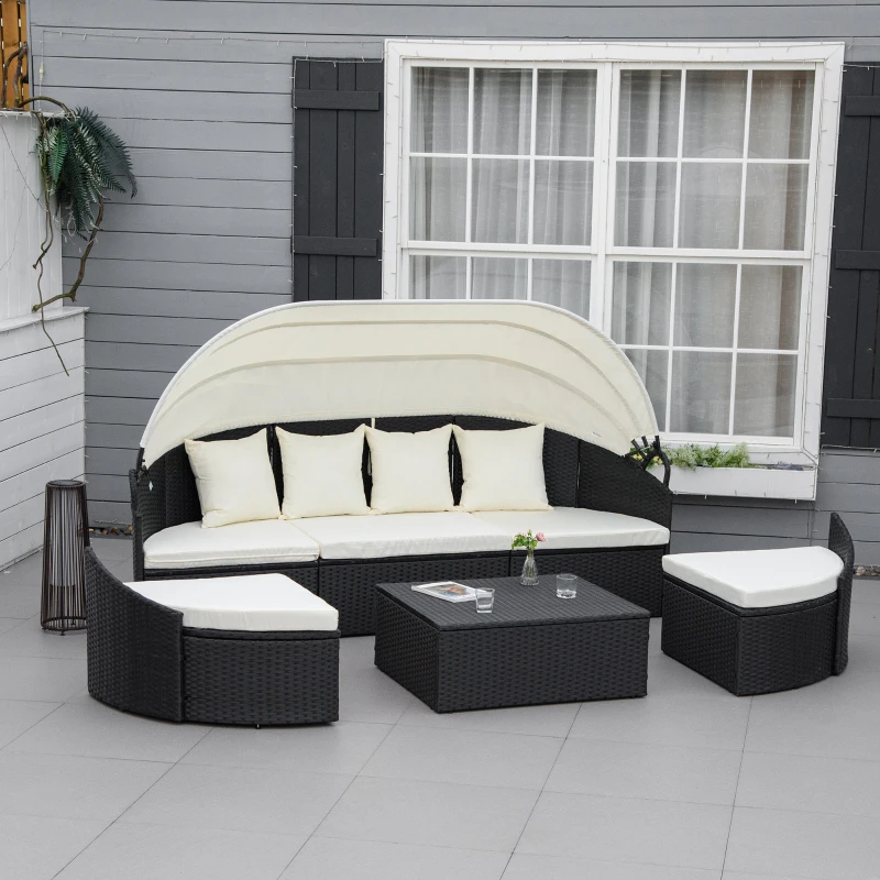 Outsunny 4 Pieces Patio PE Wicker Round Daybed, Outdoor Rattan Garden Lounge Furniture Sets, Cream