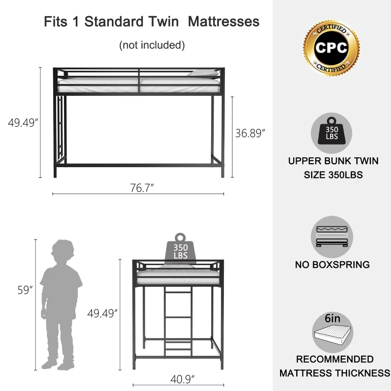 Junior Twin Loft Bunk Metal Bed Frame with Full-Length Guardrails, Anti-Noise Design, and Protective Post Caps, 76.69″ L x 40.94″ W x 49.49″ H, Black