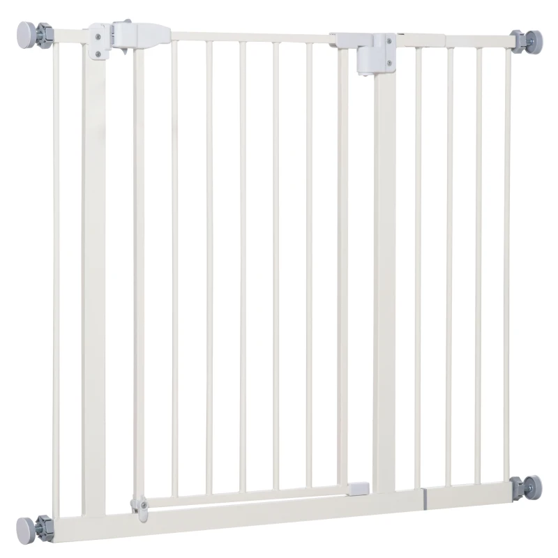 PawHut 30 Inch Tall Pet Gate with Door Dog Gate and Barrier Indoor for Stairs Includes 7", Extensions Kit, Pressure-Mounted Safety Gate, White