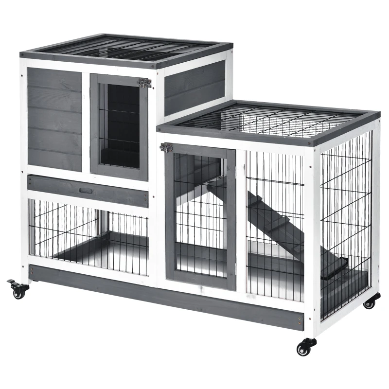 PawHut Wooden Rabbit Hutch, Indoor Bunny Cage with Wheels, Pull Out Trays, Run, Grey