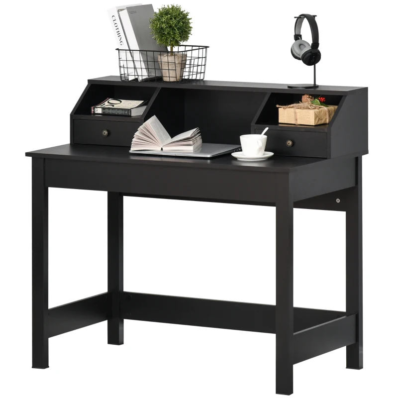 HOMCOM Rectangle Computer Desk with Display Shelves Drawers Home Office Table Workstation Black Wood Grain
