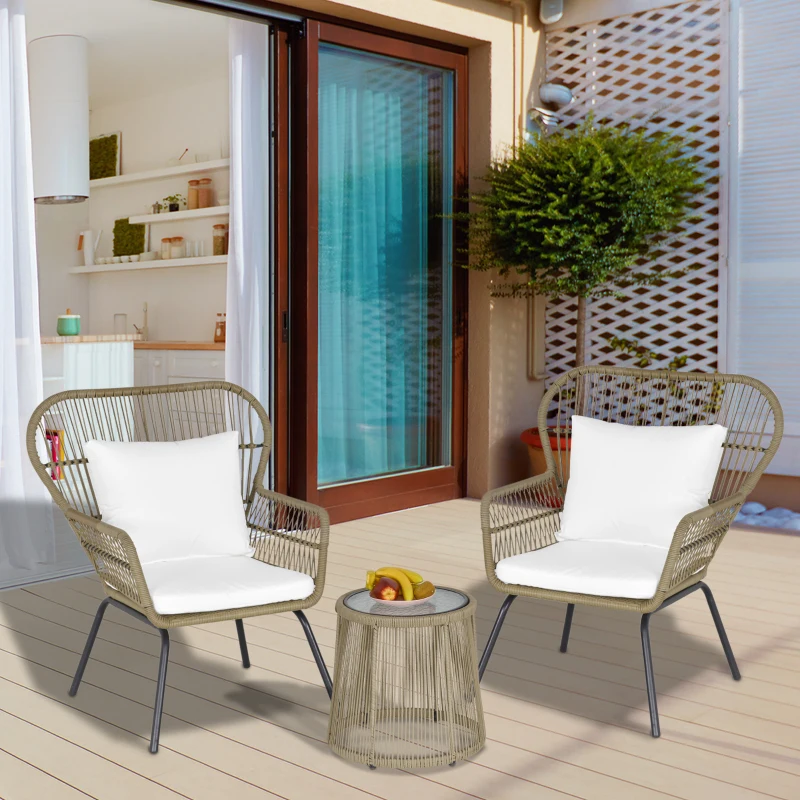 Outsunny 3 Pieces Wicker Patio Furniture Set, Rattan Bistro Set with Coffee Table and Cushions, Outdoor Conversation Set for Garden, Porch, Balcony, Coffee and White
