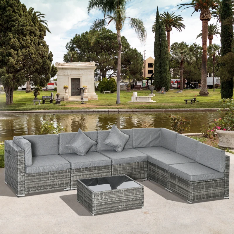 Outsunny 7pc Garden Wicker Sectional Set w/ Tea Table Patio Rattan Lounge Sofa Outdoor Deck Furniture Light Grey