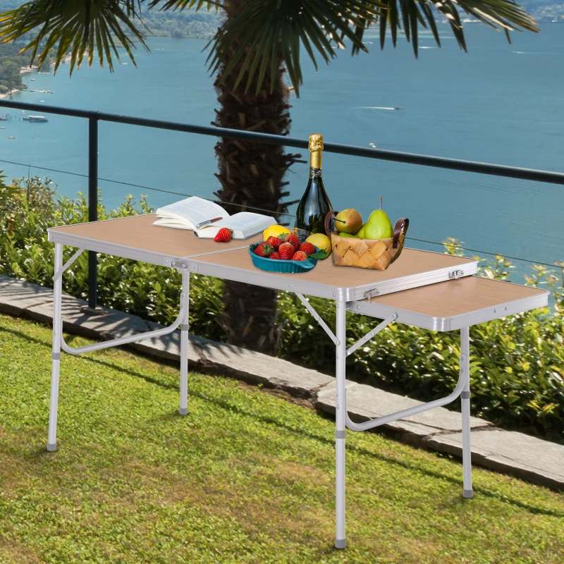 Outsunny 4ft Picnic Table with Slide Shelf Outdoor Portable Aluminum Folding Table 2 Adjustable Height Light-weight Camping BBQ Party Dining Table w/ Carrying Handle