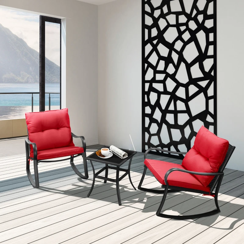 Outsunny 3 Pieces Patio Wicker Rocking Chairs Table Set, Outdoor PE Rattan Furniture with 2 Rockers & 1 Coffee Table w/ Padded Cushions for Deck, Backyard, Garden, Red