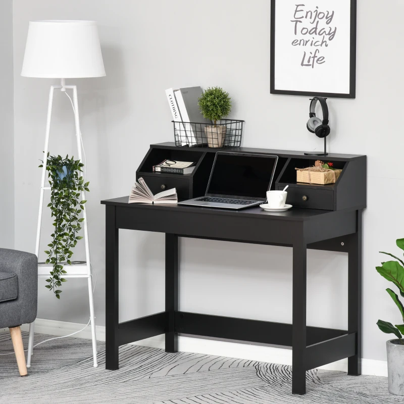 HOMCOM Rectangle Computer Desk with Display Shelves Drawers Home Office Table Workstation Black Wood Grain