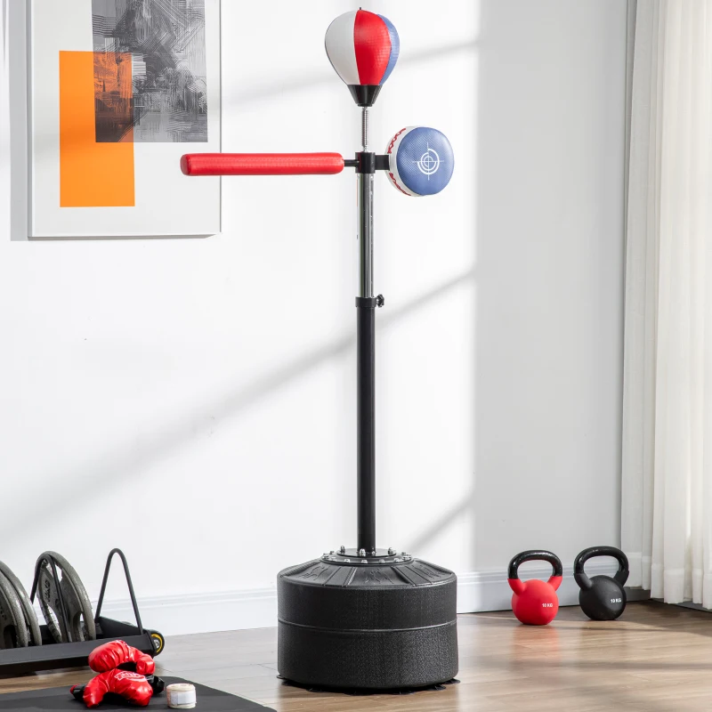Soozier Boxing Speed Trainer with Stand, Reaction Bar Challenge, Reflex Bag, 64-81in Adjustable Height, Red and Blue