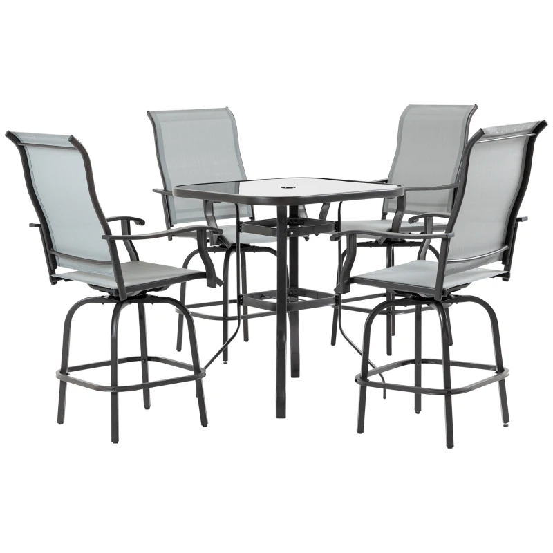Outsunny 5 Pieces Patio Furniture Set, Outdoor Garden Conversation Set with Tempered Glass Table, 4 Swivel Chairs and Umbrella Hole, Grey