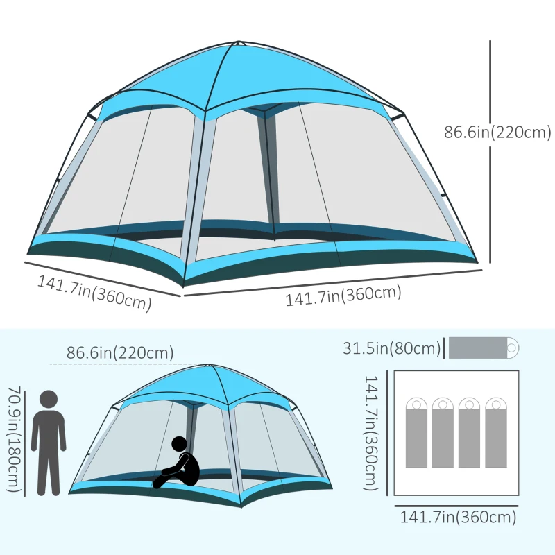 Outsunny Screen House, 8 Person Camping Tent, Dome Tent with Carry Bag and 4 Mesh Walls for Hiking, Easy Set Up