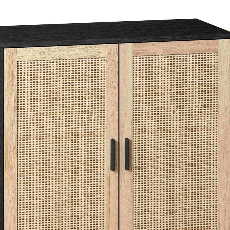 Elegant 4-Door Rattan Storage Cabinet, Adjustable Shelves, Easy Assembly, 62.2"L x 15.75"W x 34.25"H, Black