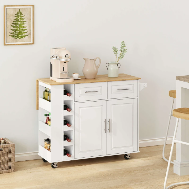 Multi-Functional Kitchen Island Cart with 2 Door Cabinet, Drawers, Spice Rack, Towel Holder, Wine Rack, Foldable Rubberwood Table Top, 46.46"L x 16.93"W x 35.83"H, White