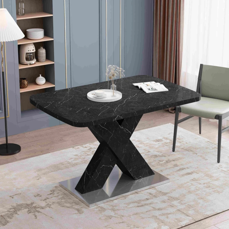 Modern Square Dining Table, Stretchable Printed Black Marble Table Top, MDF X-Shape Legs with Metal Base, 62.99"L x 31.5"W x 30.12"H, Black