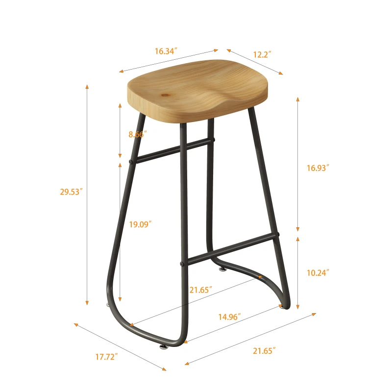 29.53" Minimalist Bar Stools Set of 2, Counter Height, Pine Wood and Iron Frame, Ergonomic Design, 250 lbs Capacity, Easy Assembly, Wood