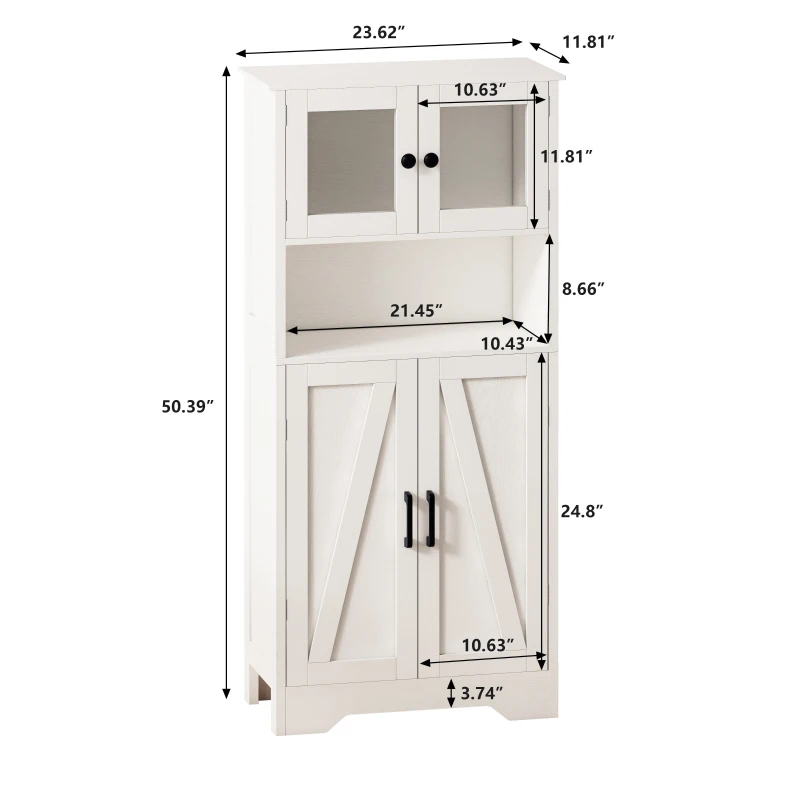 Four Door Storage Cabinet with LED Light, Open Shelf, Transparent Acrylic Doors, Adjustable Shelves, 23.62"L x 11.81"W x 50.39"H, White
