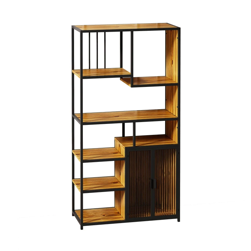 Multipurpose Bookshelf Storage Rack with Enclosed Cabinet, 7 Shelves, Fir Wood and Iron Frame, 34.45"L x 15.75"W x 68.90"H, Black+Brown