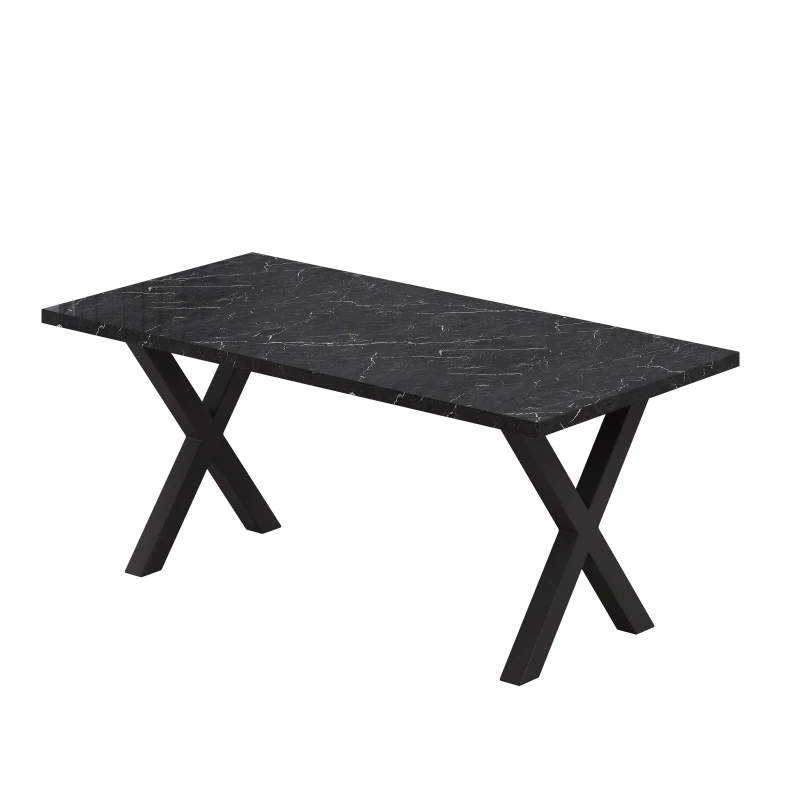 70.87" Modern Square Dining Table with Printed Black Marble Table Top and X-Shape Metal Legs, Easy Assembly, 220 lbs Weight Capacity, Black
