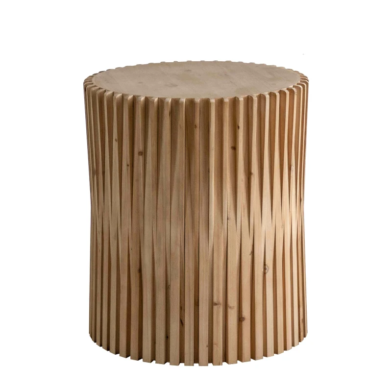 Retro Cylindrical Coffee Table with Vertical Texture Relief Design, No Assembly Required, 20.47"x20.47"x24.02", Natural