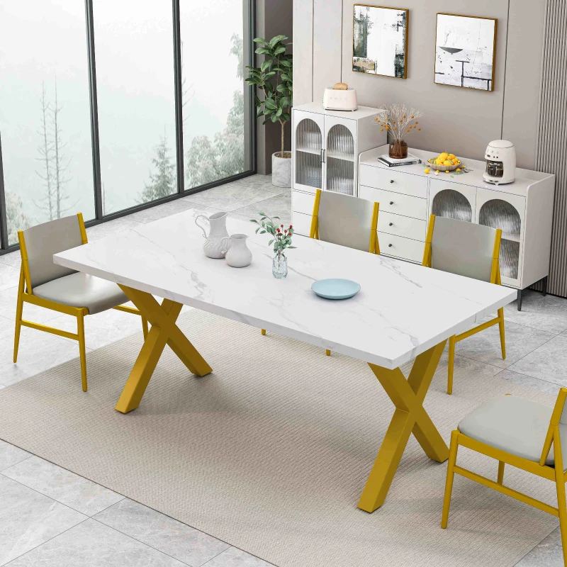 70.87" Modern Square Dining Table with Printed White Marble Table Top, Gold X-Shape Legs, and 220 lbs Weight Capacity, White+Gold