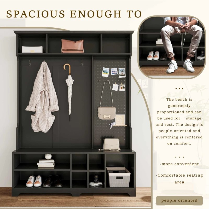 Hall Tree with Shoe Bench, Coat Rack, Storage Shelves, Pegboard, and Shoe Storage, 57.48"L x 14.96"W x 77.17"H, Black
