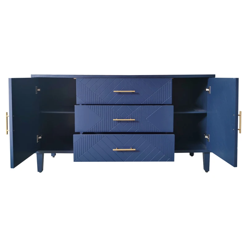 Stylish 2-Door 3-Drawer Cabinet with Carved Effect, Adjustable Shelves, and Easy Assembly, 55.12"L x 15.75"W x 32.68"H, Navy Blue