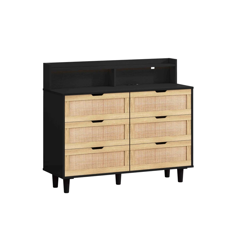 43.31" 6-Drawer Rattan Storage Cabinet with LED Lights and Power Outlet, Anti-Tip Design, Easy Assembly, 43.31"L x 15.75"W x 37.22"H, Black