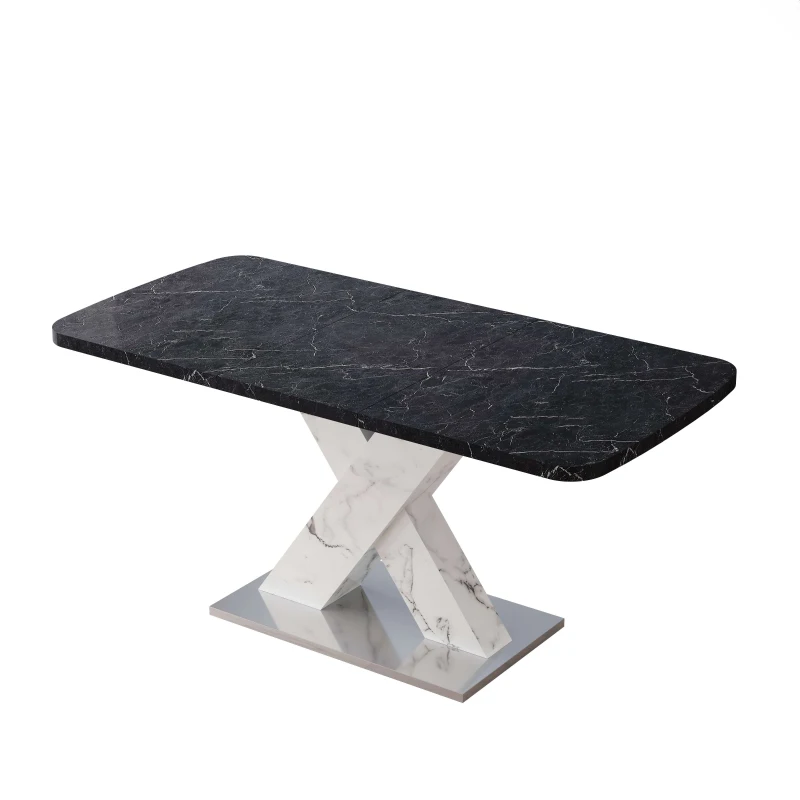 Modern Square Dining Table, Stretchable Black Marble Table Top with MDF X-Shape Legs and Metal Base, Easy Assembly, 62.99"L x 31.5"W x 30.12"H, Black White
