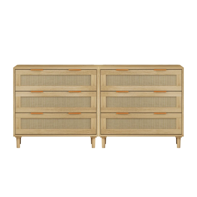 3-Drawer Rattan Storage Cabinet Set of 2, MDF and Solid Wood Legs, Iron Handles, 63" L x 15.55" W x 30.12" H, 52.47 lbs Each, Oak